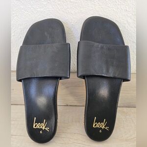 Beek Black Leather Slide Sandals Size 6 Minimalist Flat Sandals Gold Logo
